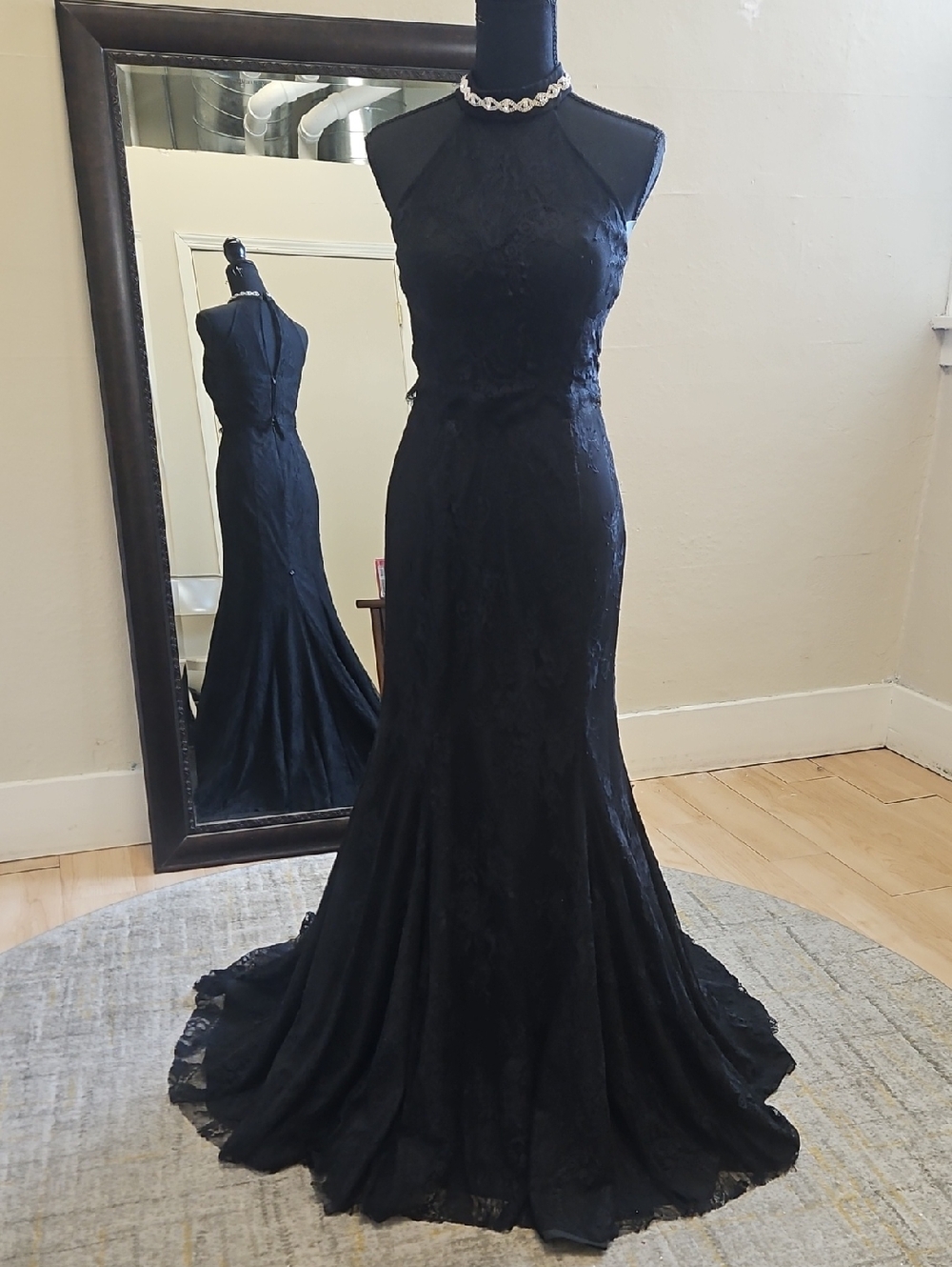 Size 4 Black Lace High Neck Trumpet w/ Crystals & Train By Mori Lee